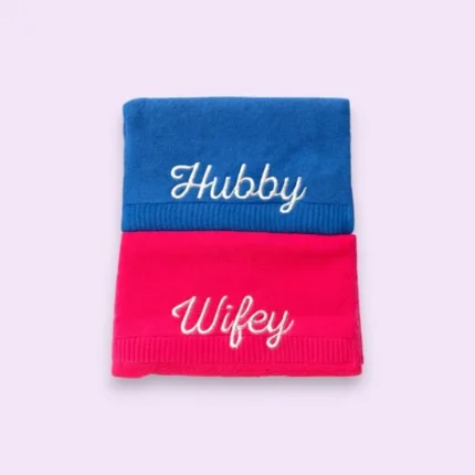 Blue and pink hubby wifey embroidered towel set