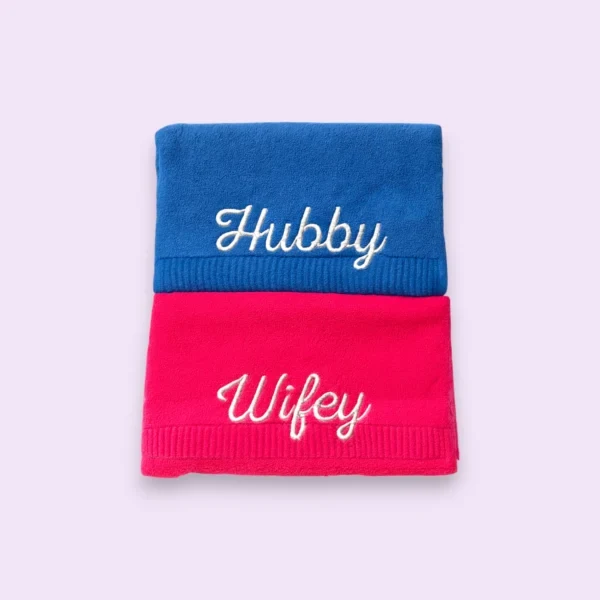 Blue and pink hubby wifey embroidered towel set