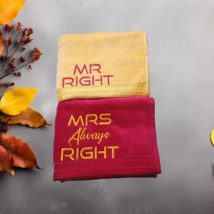 Yellow and maroon couple towel set with Mr Right and Mrs Always Right embroidery