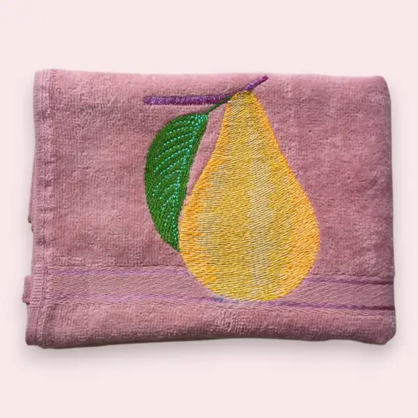 Pink cotton towel with embroidered yellow pear and green leaf design
